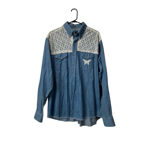 Black Canyon Denim Button Shirt Embroidered Lace Size XL Western Women‎ Vintage - Picture 1 of 12